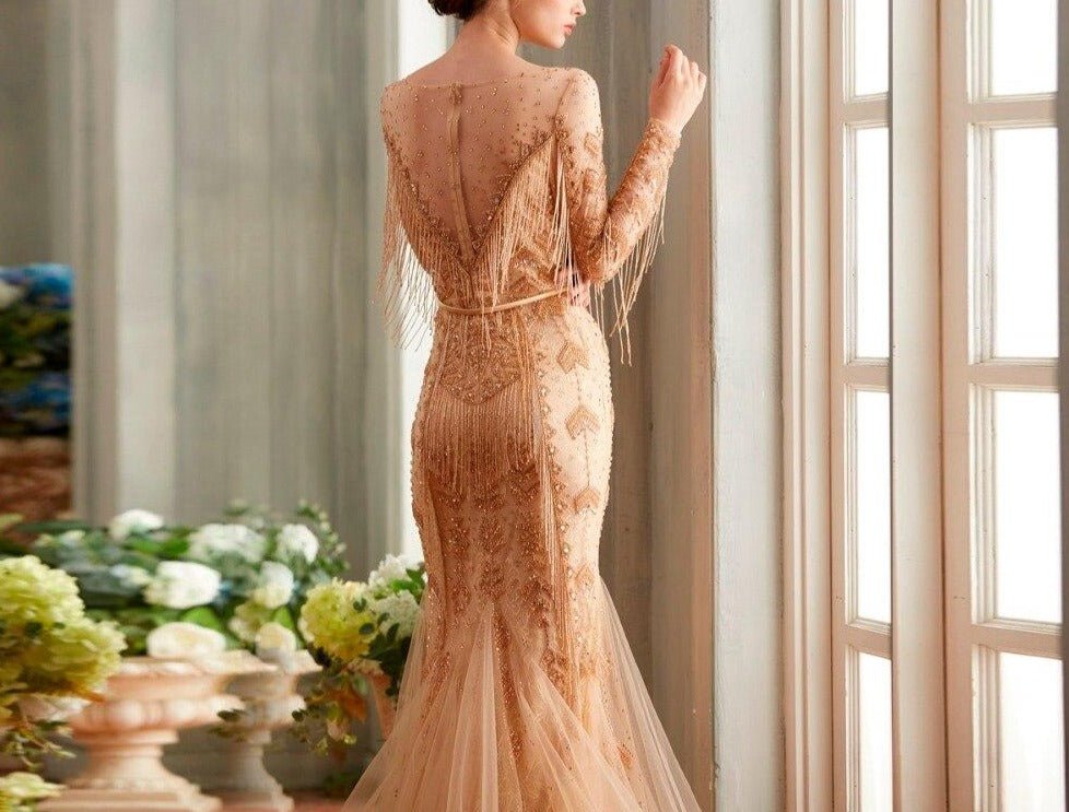 Inés Elegant Luxury Scoop Neck With Fully Tassel Beaded Gown - Mscooco.co.uk