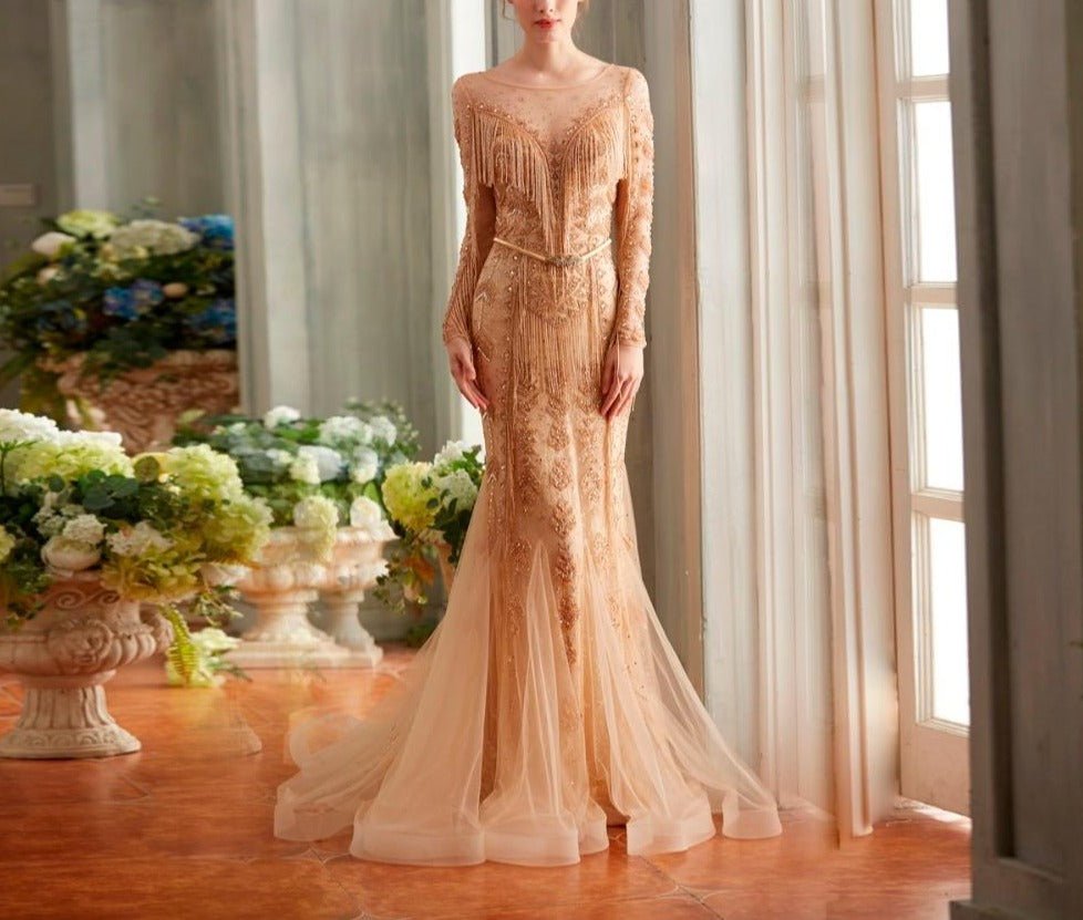 Inés Elegant Luxury Scoop Neck With Fully Tassel Beaded Gown - Mscooco.co.uk