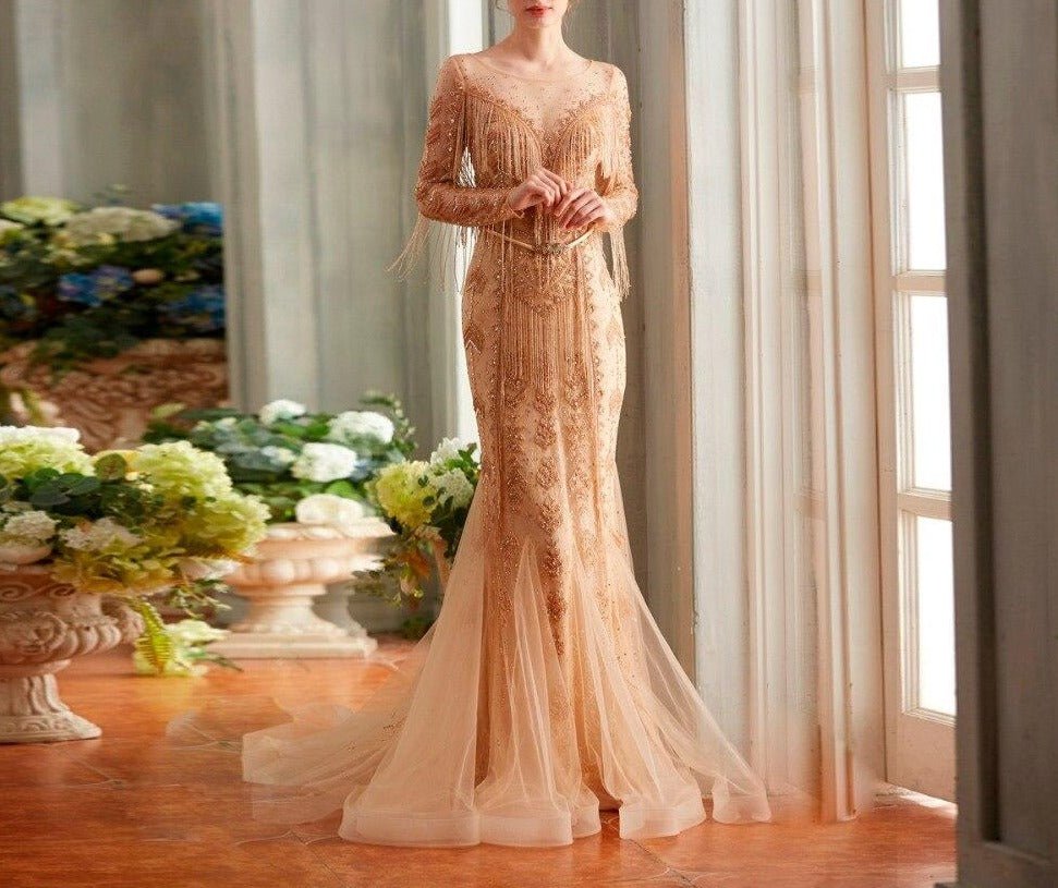 Inés Elegant Luxury Scoop Neck With Fully Tassel Beaded Gown - Mscooco.co.uk