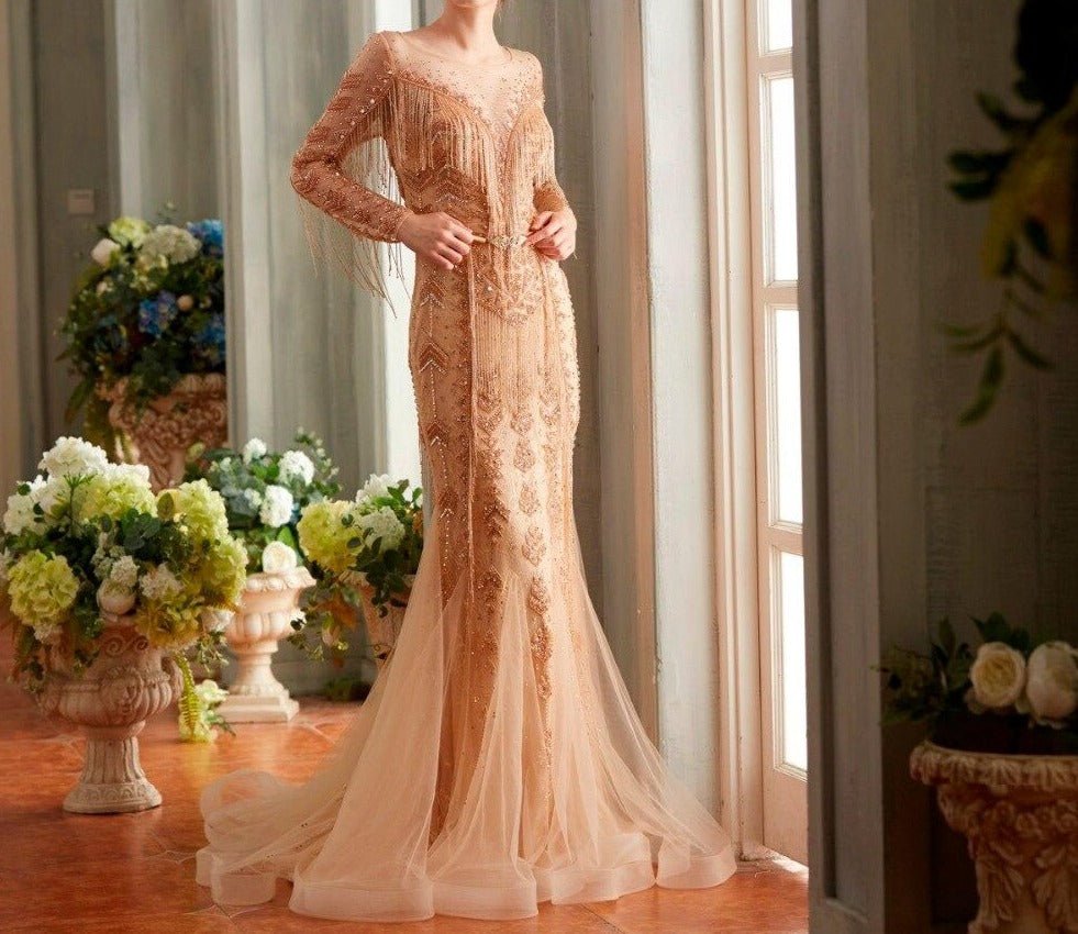 Inés Elegant Luxury Scoop Neck With Fully Tassel Beaded Gown - Mscooco.co.uk