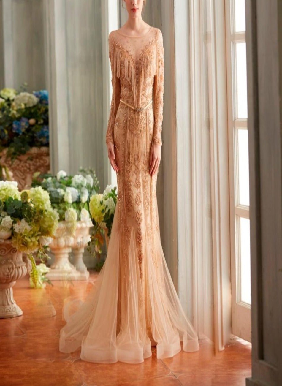 Inés Elegant Luxury Scoop Neck With Fully Tassel Beaded Gown - Mscooco.co.uk