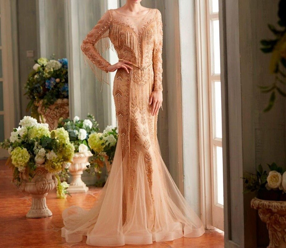 Inés Elegant Luxury Scoop Neck With Fully Tassel Beaded Gown - Mscooco.co.uk