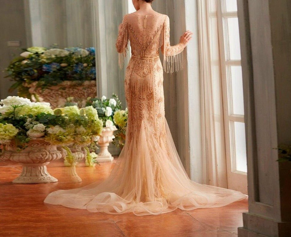 Inés Elegant Luxury Scoop Neck With Fully Tassel Beaded Gown - Mscooco.co.uk