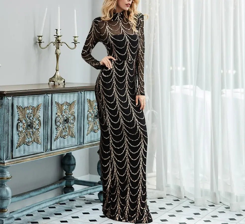 Jazlynn High Neck Wave Sequins Maxi Dress - Mscooco.co.uk