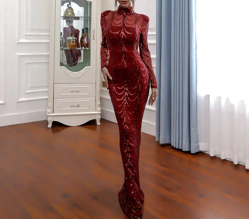 Jazlynn High Neck Wave Sequins Maxi Dress - Mscooco.co.uk