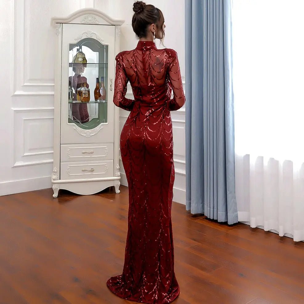 Jazlynn High Neck Wave Sequins Maxi Dress - Mscooco.co.uk