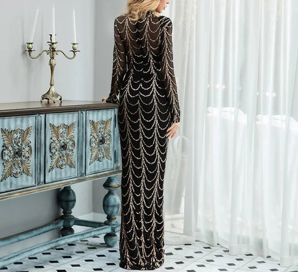 Jazlynn High Neck Wave Sequins Maxi Dress - Mscooco.co.uk