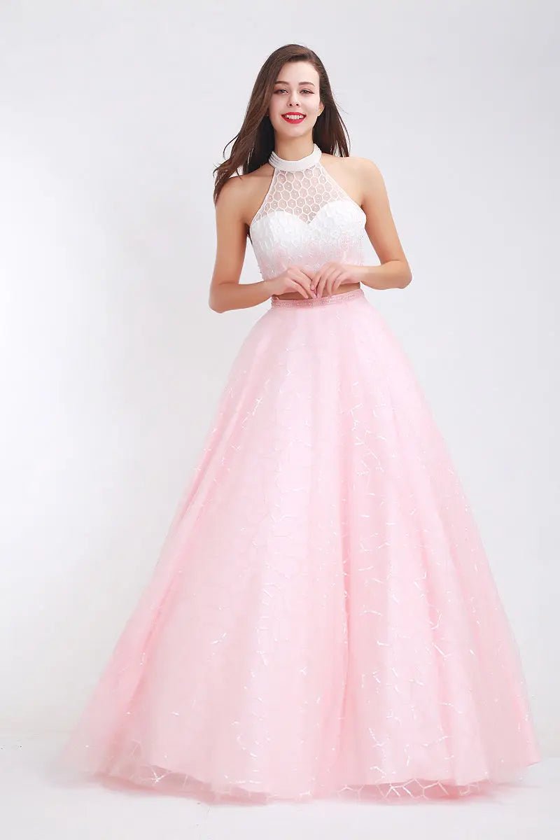 Kerry Pink High Neck Beading Two Piece Gown - Mscooco.co.uk