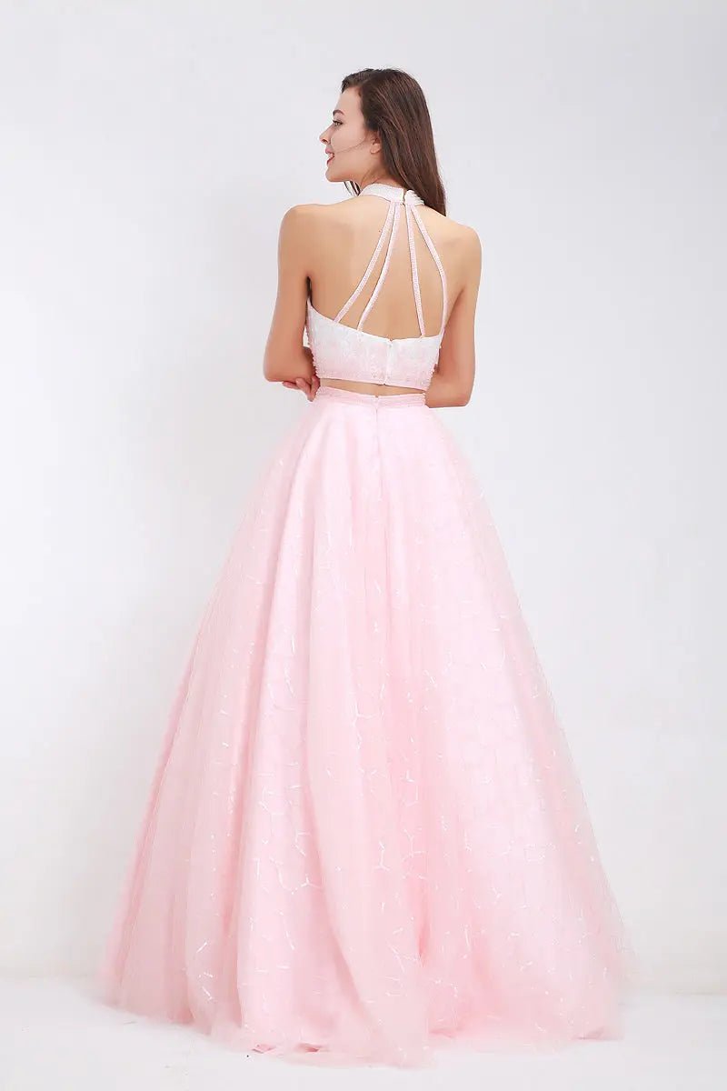 Kerry Pink High Neck Beading Two Piece Gown - Mscooco.co.uk