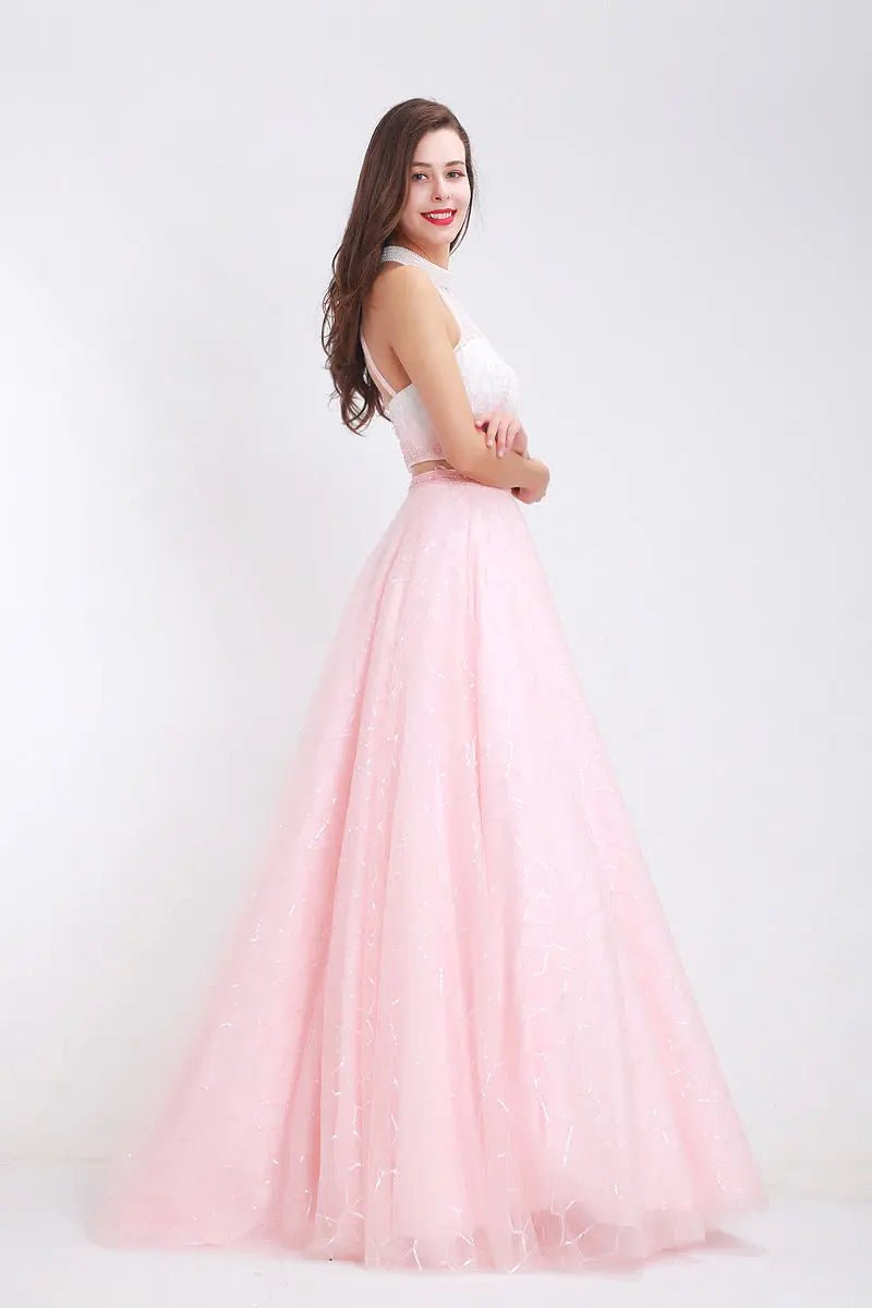 Kerry Pink High Neck Beading Two Piece Gown - Mscooco.co.uk