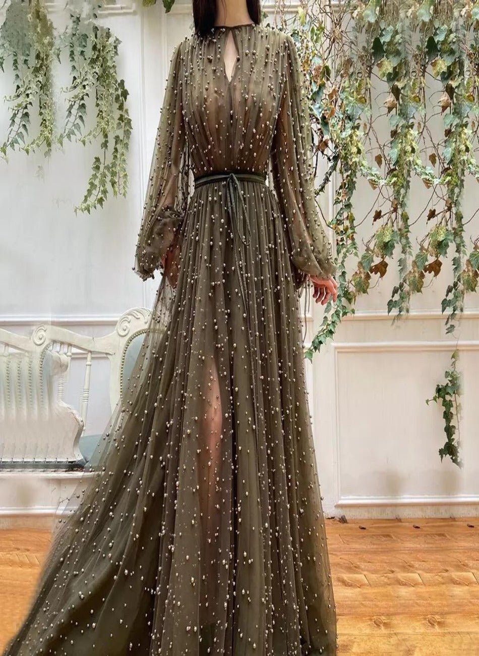 Khaki Pearls Embellished Maxi Dress - Mscooco.co.uk