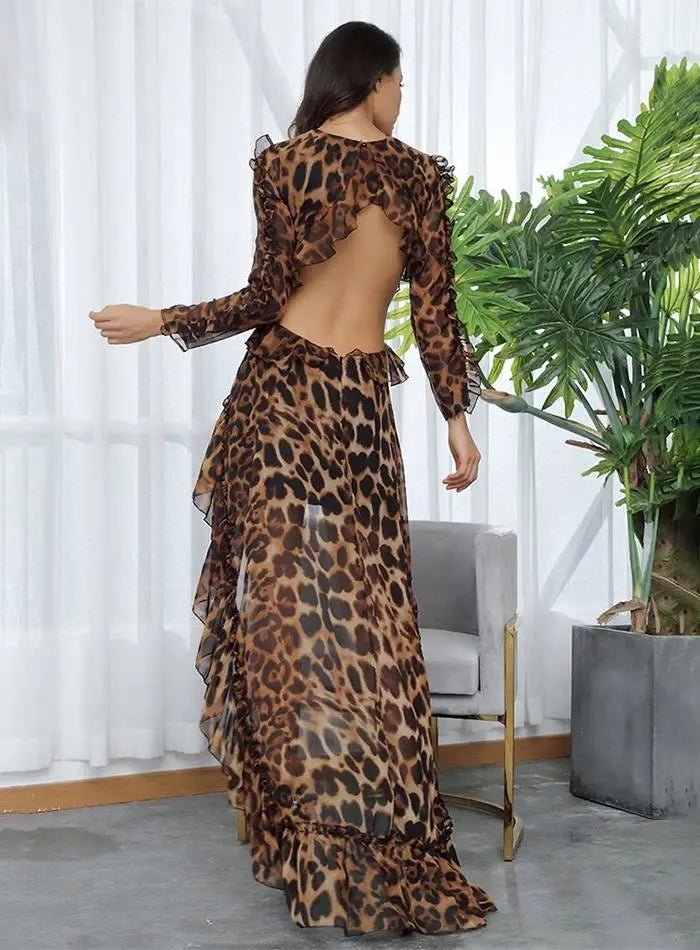 Leopard Cut Out Open Black Chiffon Dress - Mscooco.co.uk