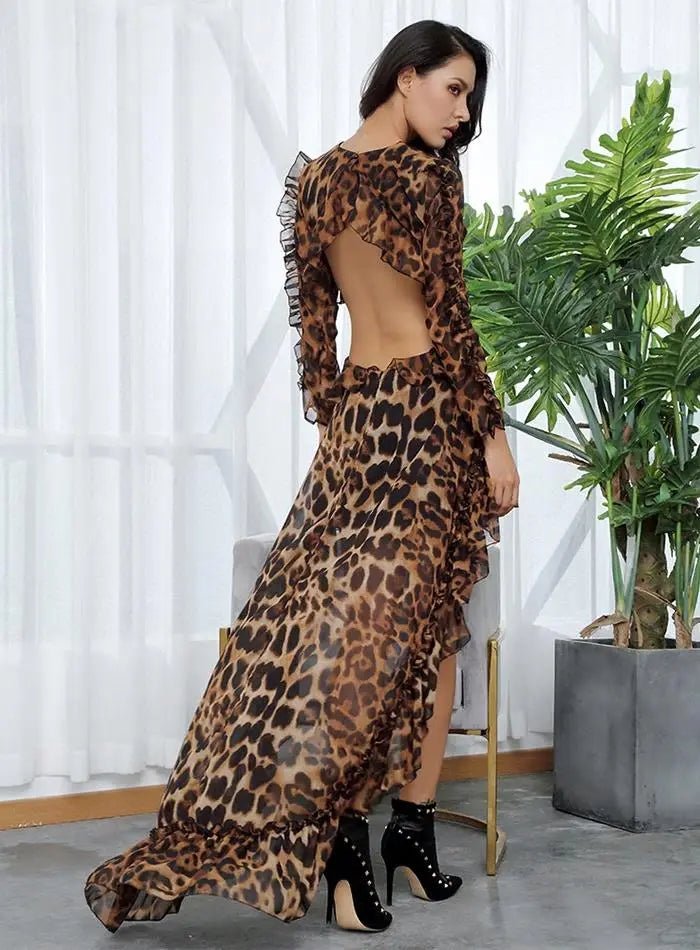 Leopard Cut Out Open Black Chiffon Dress - Mscooco.co.uk