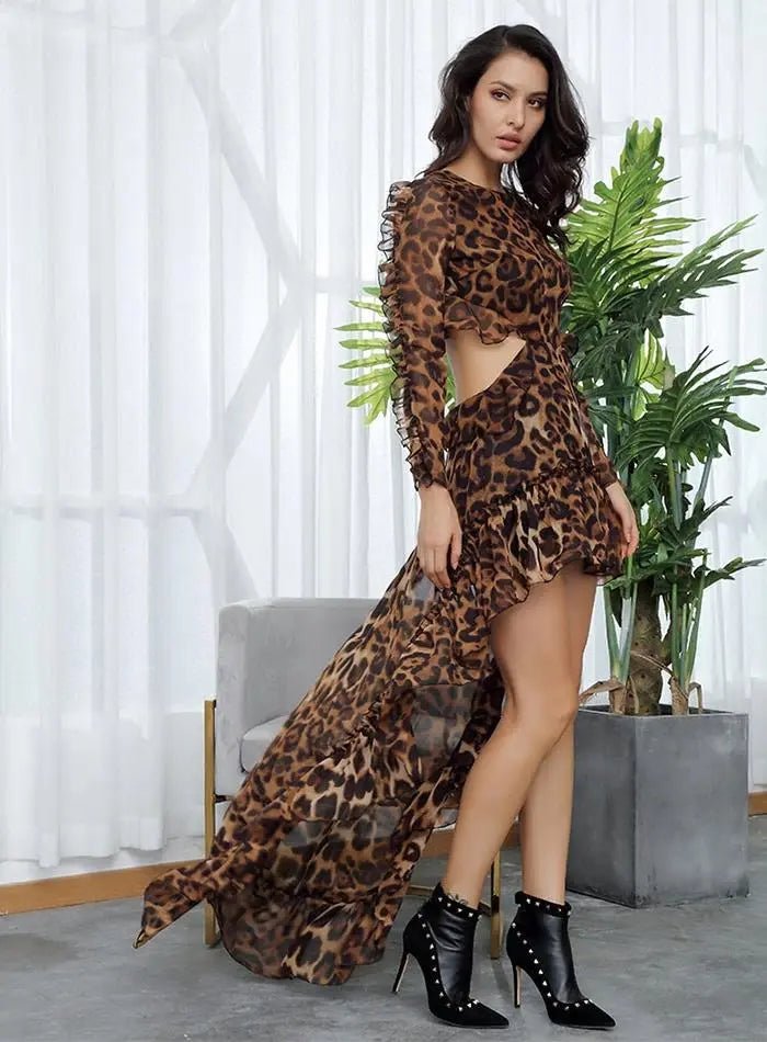 Leopard Cut Out Open Black Chiffon Dress - Mscooco.co.uk