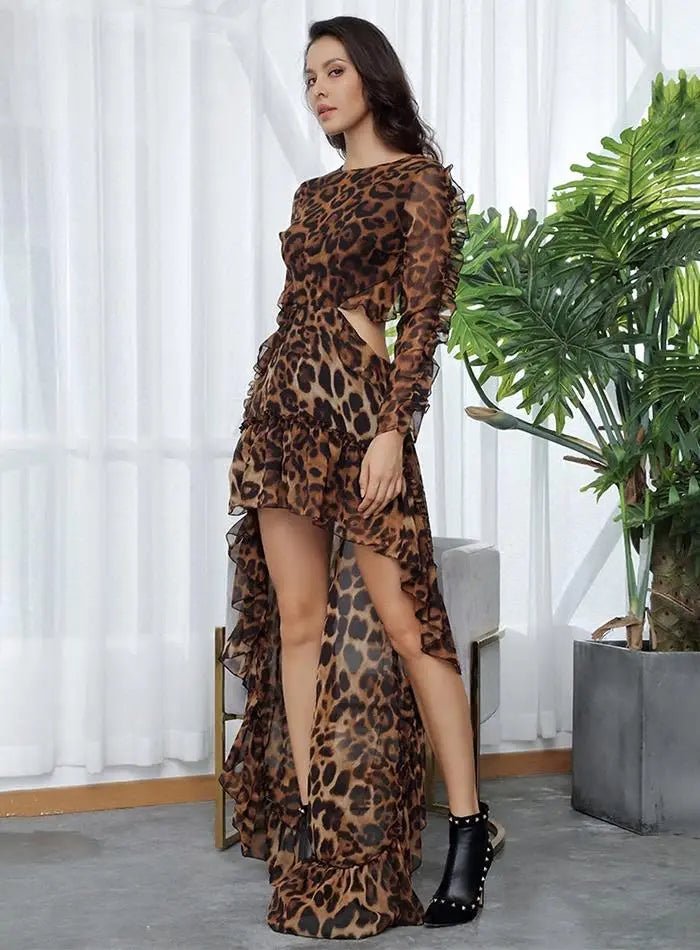Leopard Cut Out Open Black Chiffon Dress - Mscooco.co.uk