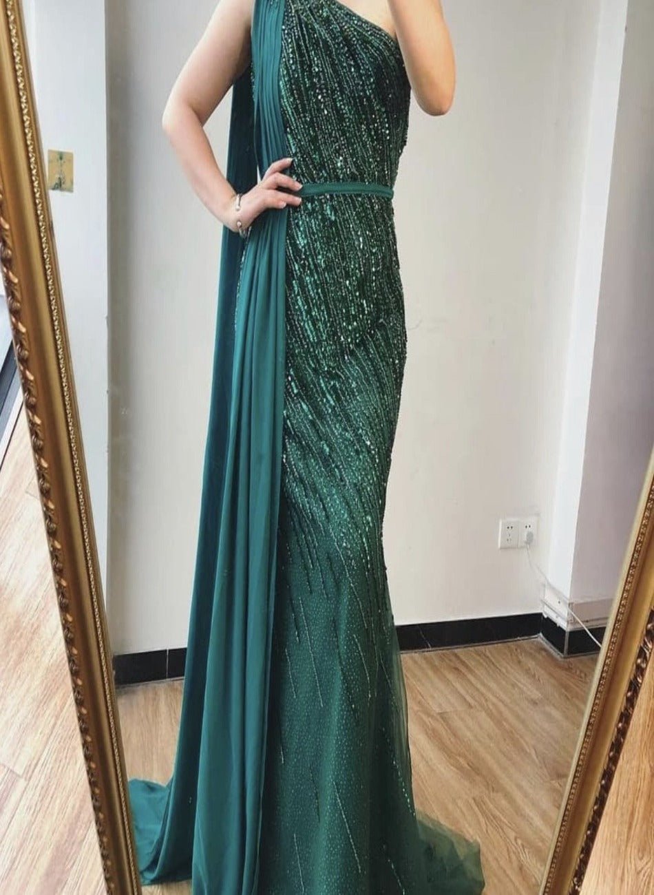 Lida One Shoulder Luxury Beading Evening Dress - Mscooco.co.uk