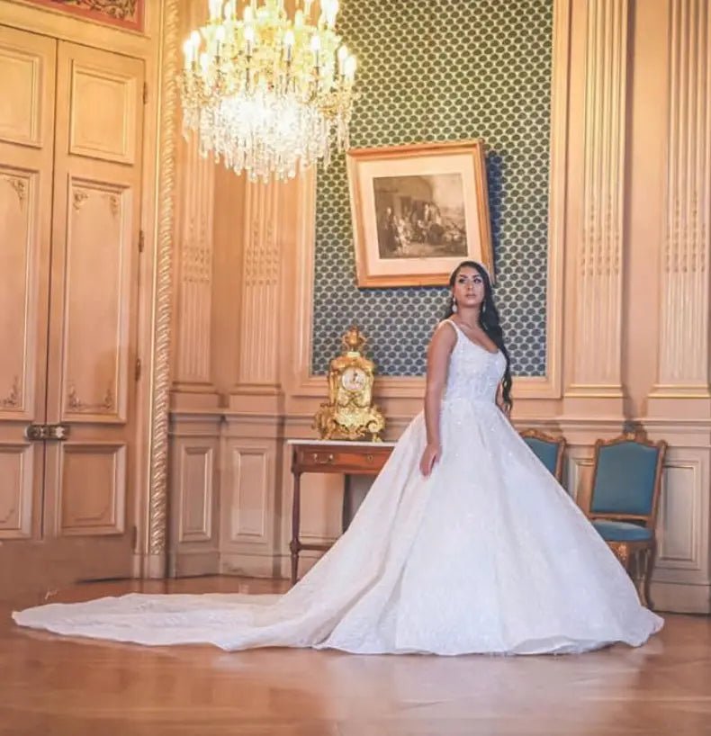 Luxury Beaded Cathedral Train Wedding Gown - Mscooco.co.uk