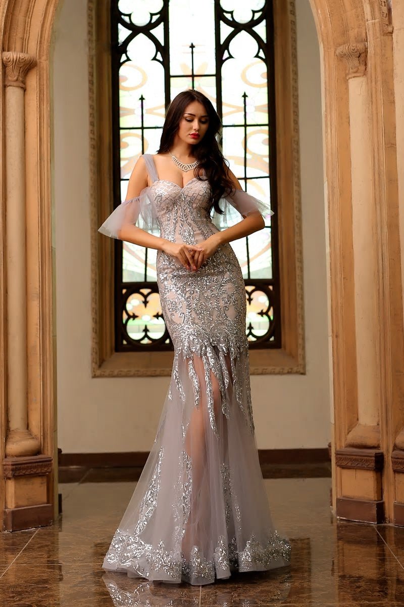Marlene - Grey Sequin Fishtail Maxi Dress - Mscooco.co.uk