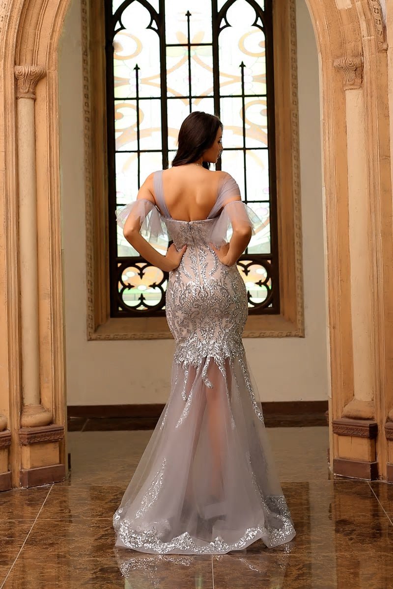 Marlene - Grey Sequin Fishtail Maxi Dress - Mscooco.co.uk