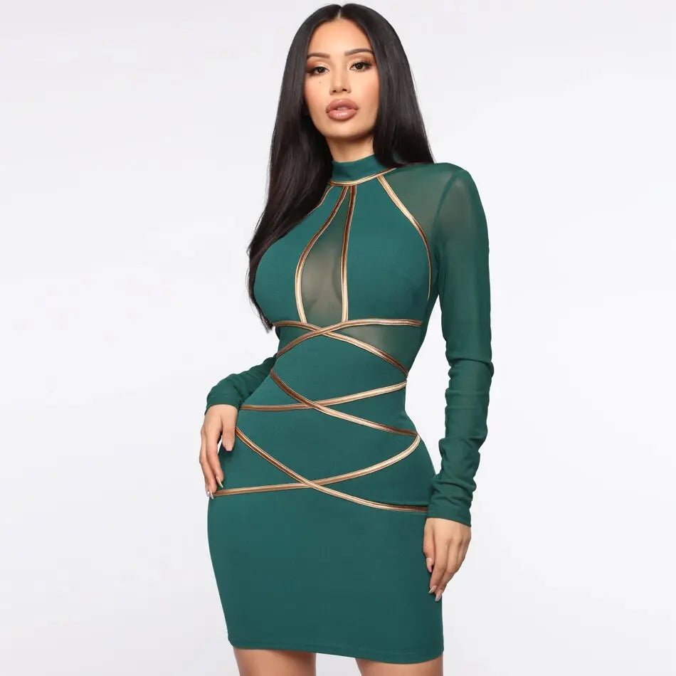 Mesh Hollow Out Long Sleeve Mini Dress - Mscooco.co.uk