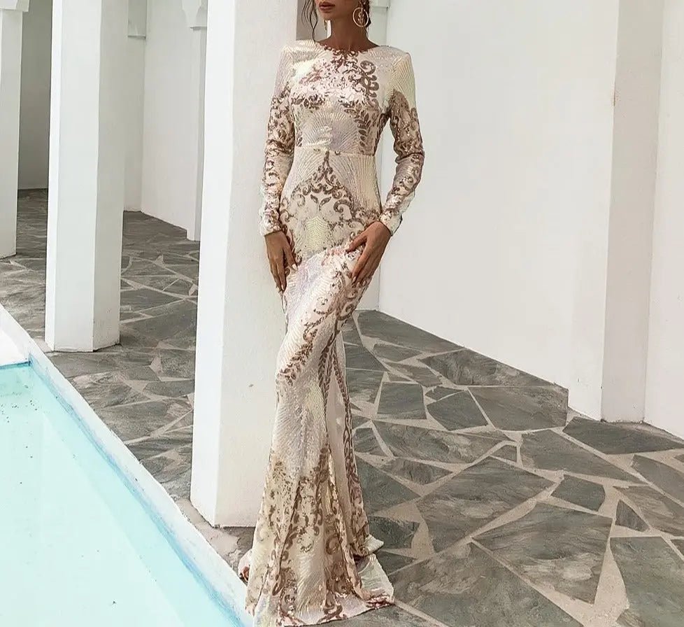 Micah Long Sleeves Backless Sequin Maxi Dress - Mscooco.co.uk