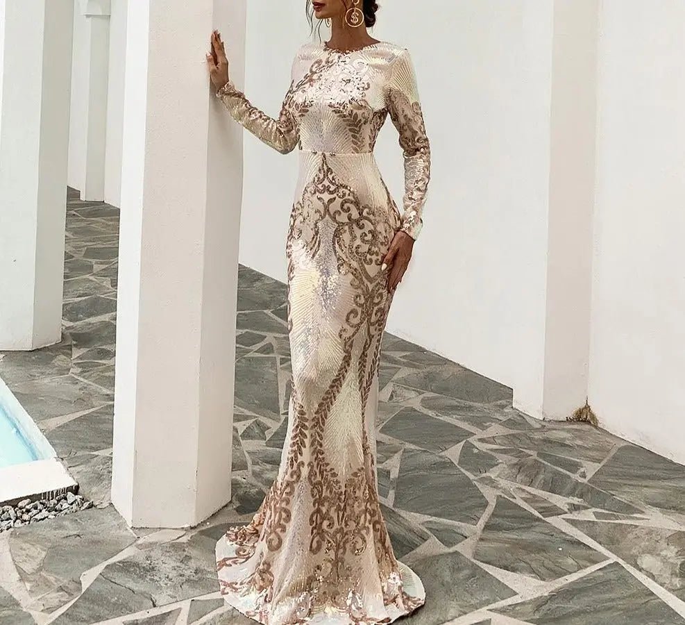 Micah Long Sleeves Backless Sequin Maxi Dress - Mscooco.co.uk