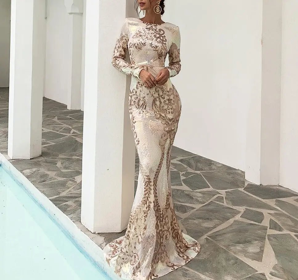 Micah Long Sleeves Backless Sequin Maxi Dress - Mscooco.co.uk