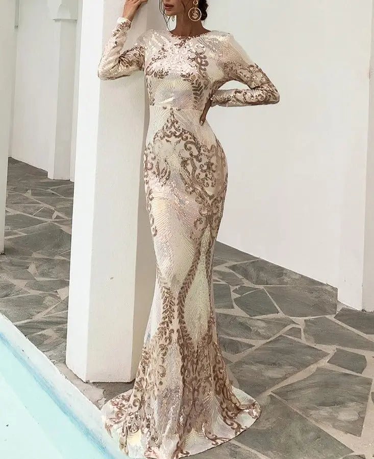 Micah Long Sleeves Backless Sequin Maxi Dress - Mscooco.co.uk