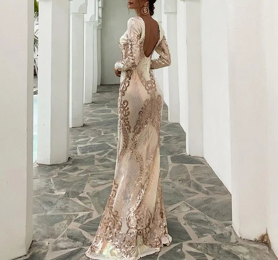 Micah Long Sleeves Backless Sequin Maxi Dress - Mscooco.co.uk