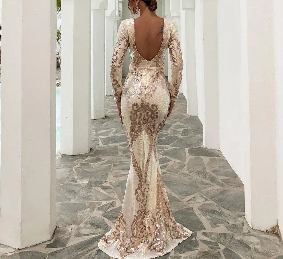 Micah Long Sleeves Backless Sequin Maxi Dress - Mscooco.co.uk