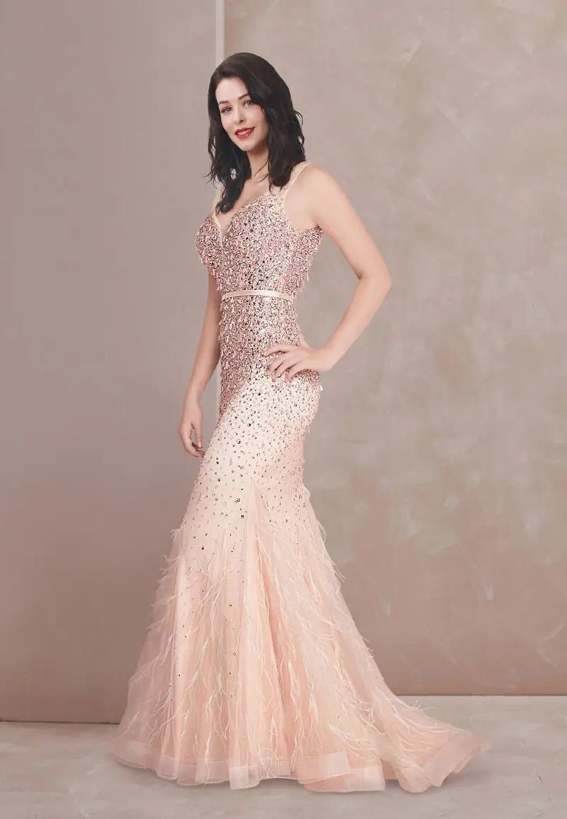 Michelle Mermaid Beading Feather Evening Gown - Mscooco.co.uk
