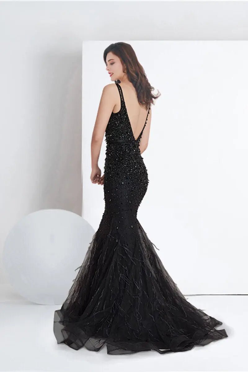 Michelle Mermaid Beading Feather Evening Gown - Mscooco.co.uk