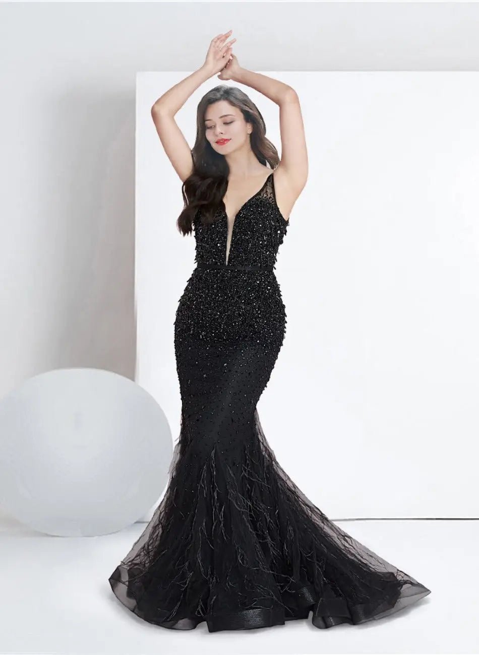 Michelle Mermaid Beading Feather Evening Gown - Mscooco.co.uk