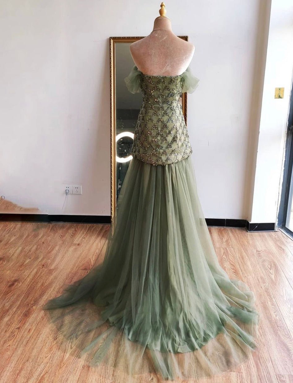 Mirra Olive Green Diamond Off Shoulder Evening Dress - Mscooco.co.uk
