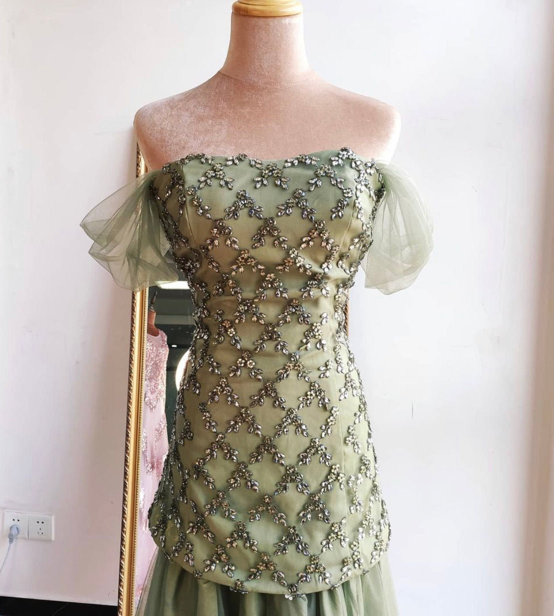 Mirra Olive Green Diamond Off Shoulder Evening Dress - Mscooco.co.uk