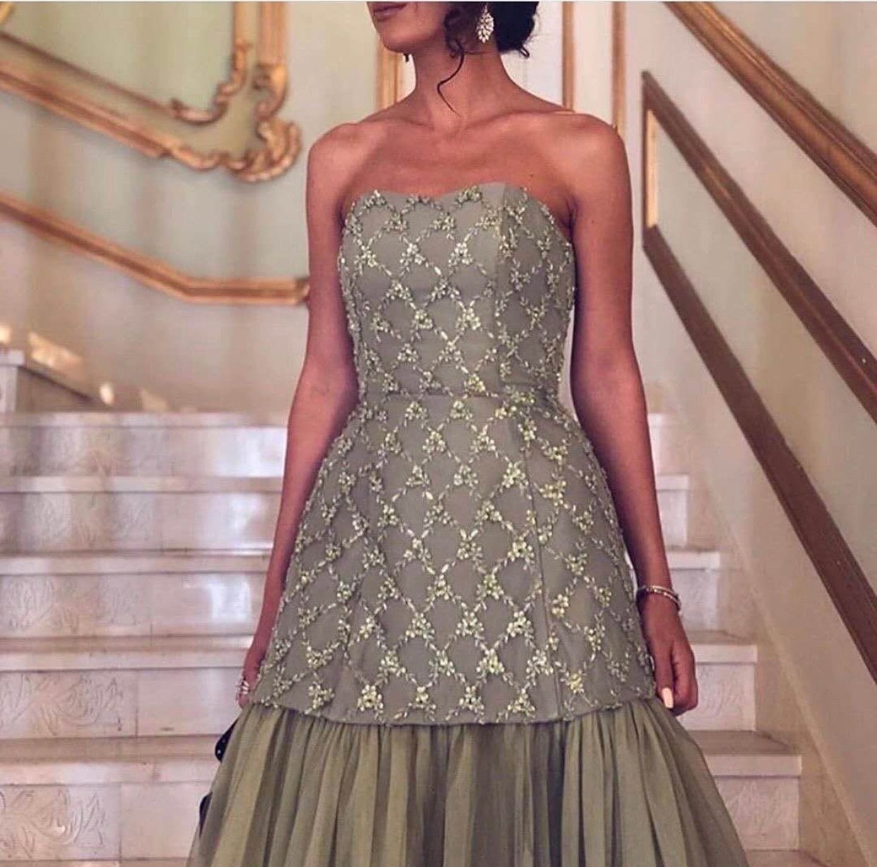 Mirra Olive Green Diamond Off Shoulder Evening Dress - Mscooco.co.uk