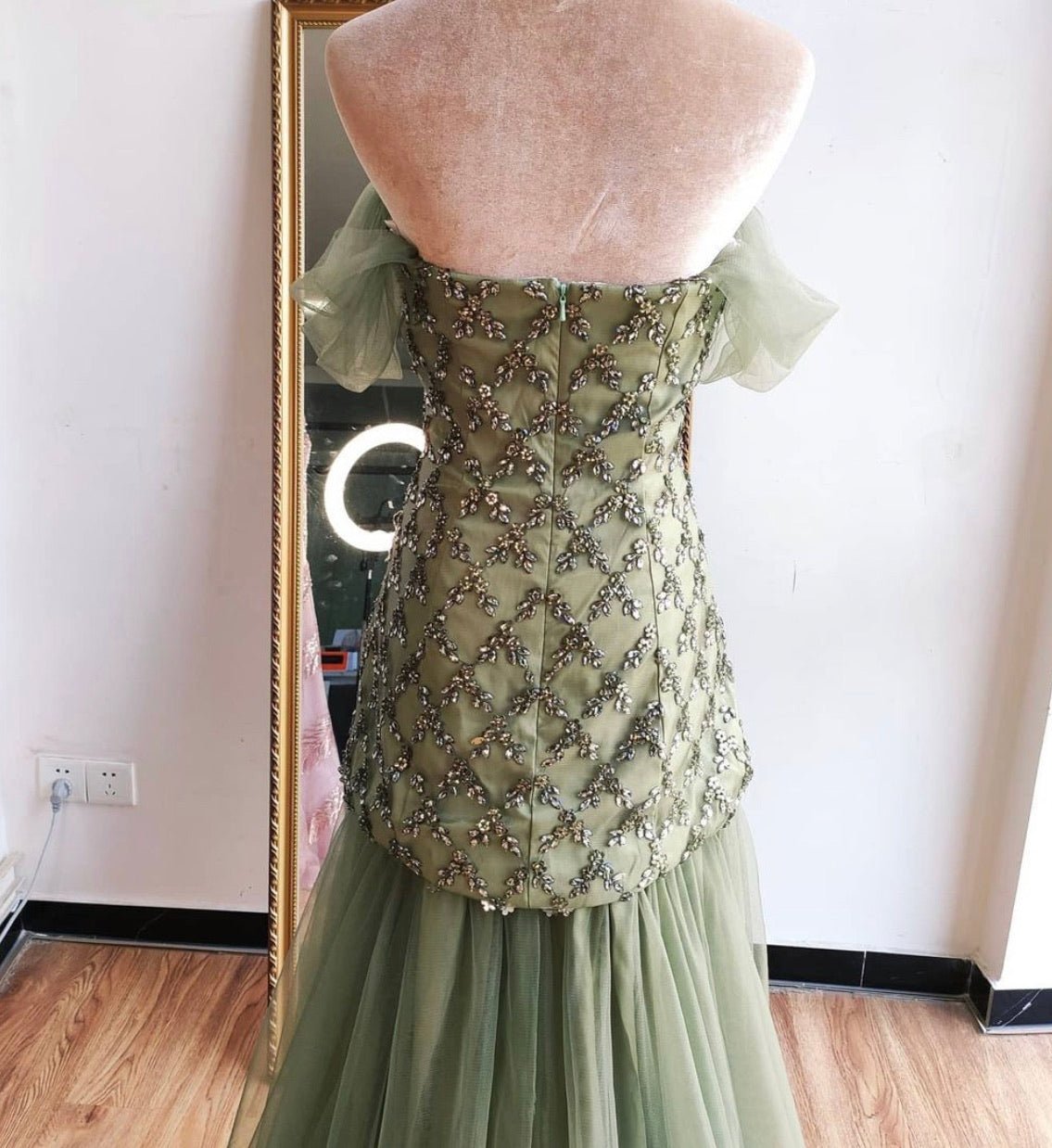 Mirra Olive Green Diamond Off Shoulder Evening Dress - Mscooco.co.uk