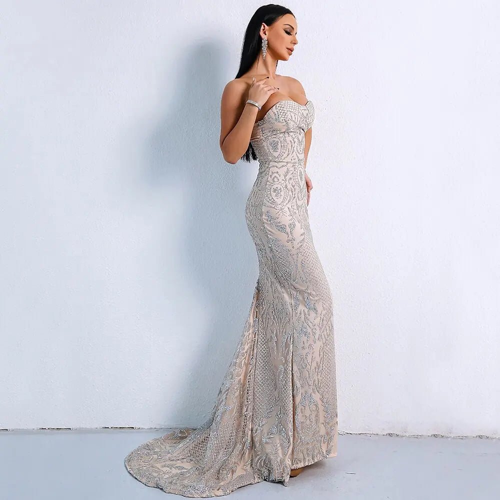 Mona Beige Glitter Maxi Dress - Mscooco.co.uk