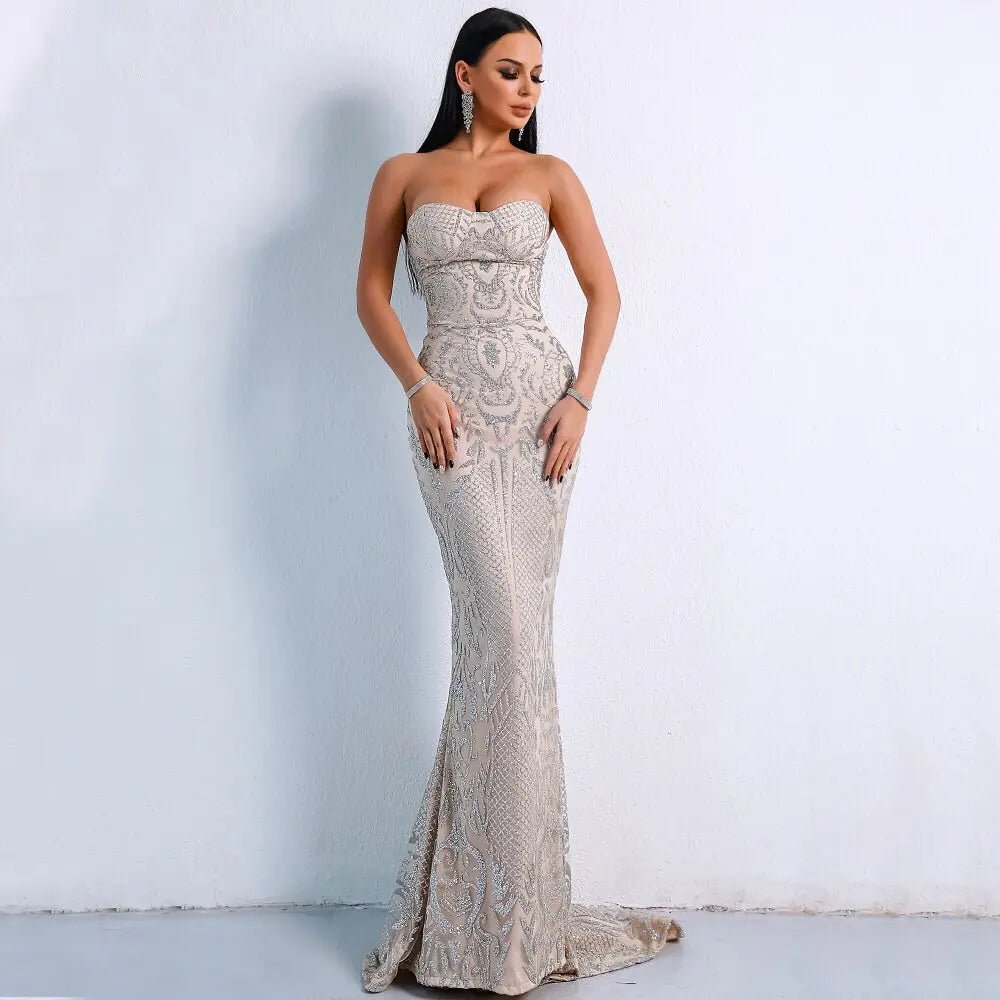 Mona Beige Glitter Maxi Dress - Mscooco.co.uk
