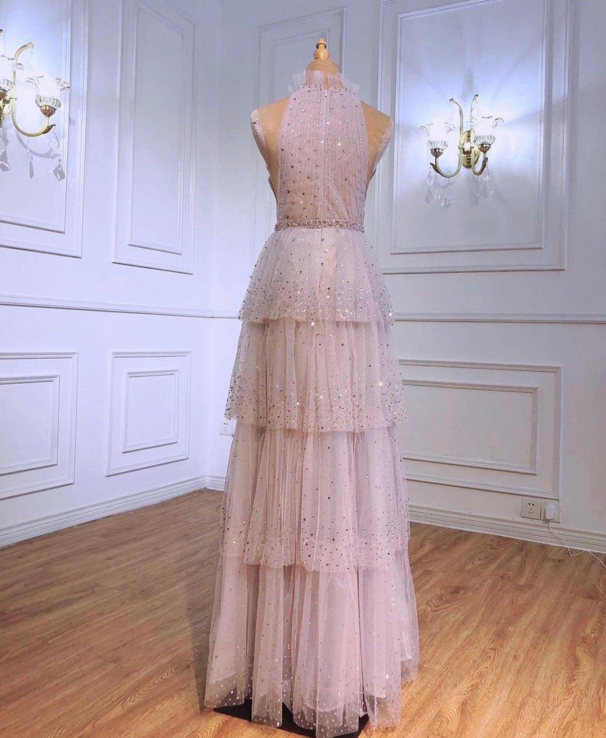Monroe Halter Beading Tiered Tulle Evening Dress - Mscooco.co.uk