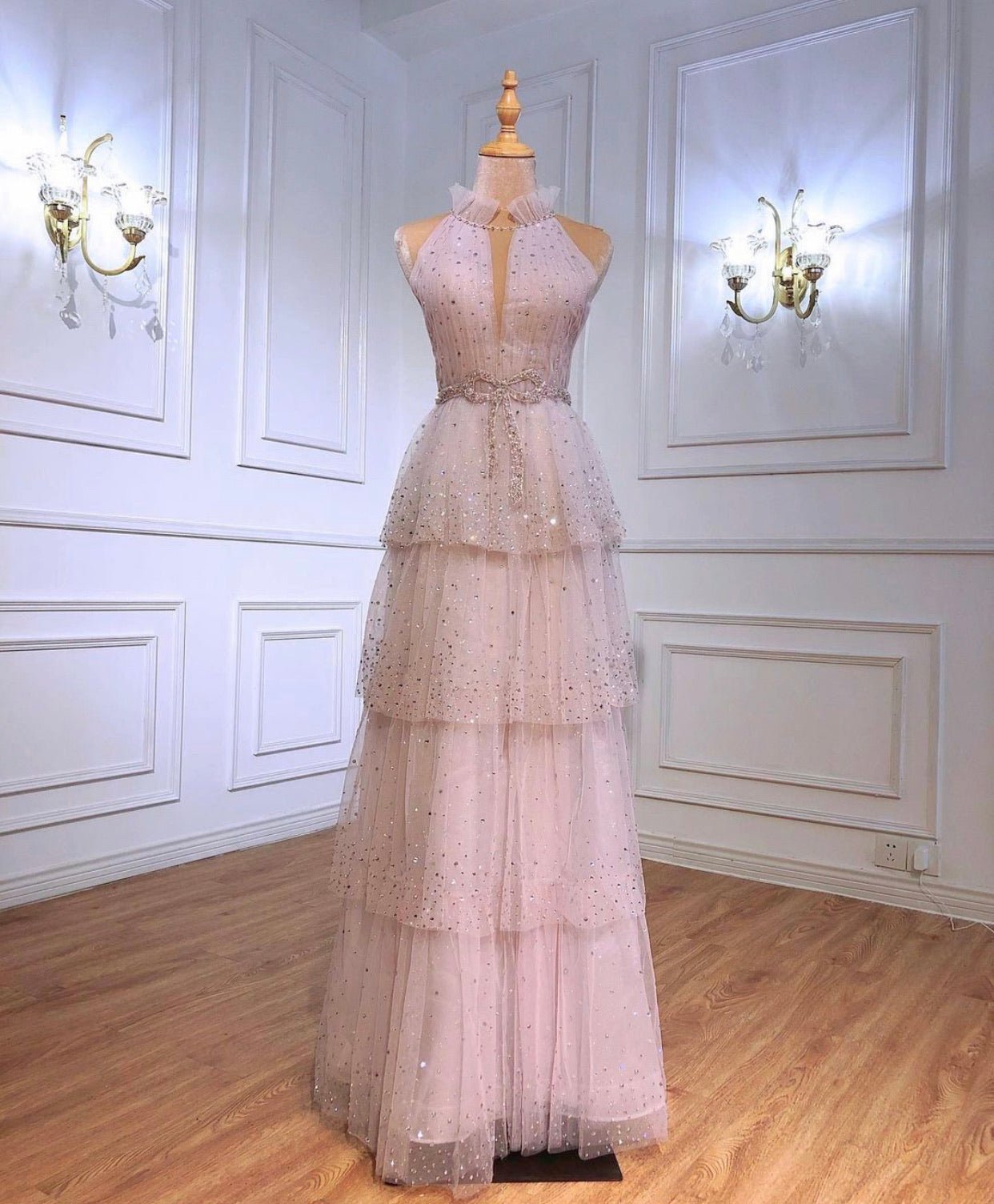 Monroe Halter Beading Tiered Tulle Evening Dress - Mscooco.co.uk