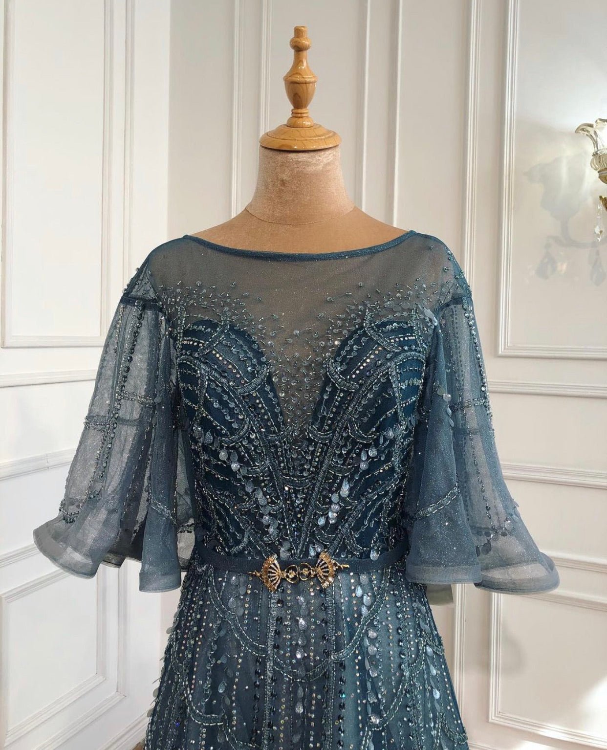 Naaz Luxury Beading Embelished Gown With Flare Sleeves - Mscooco.co.uk