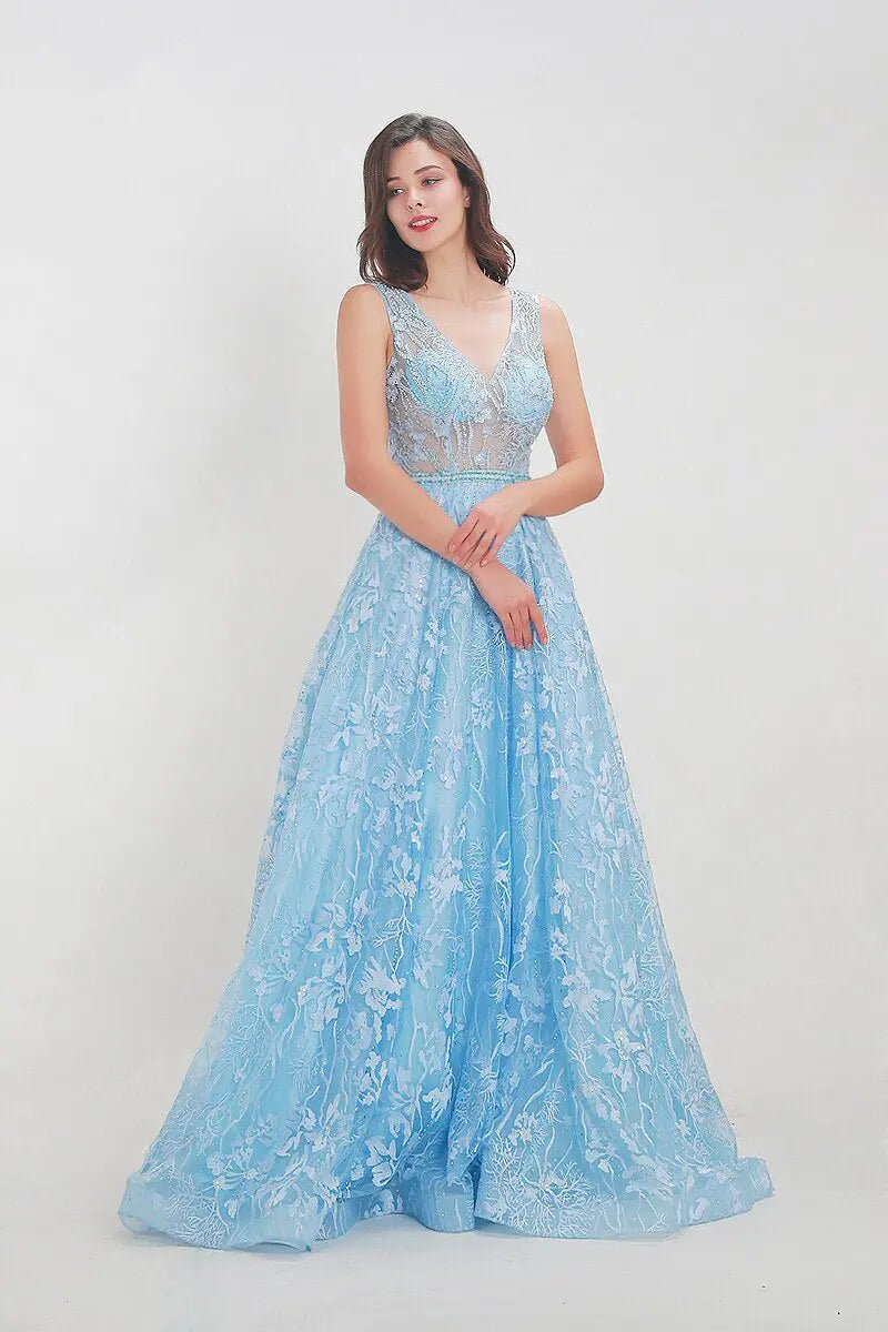 Nicole - Sky Blue Embroidered Maxi Dress - Mscooco.co.uk