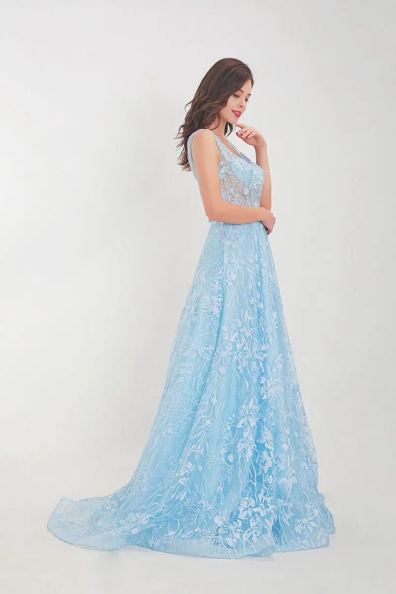 Nicole - Sky Blue Embroidered Maxi Dress - Mscooco.co.uk