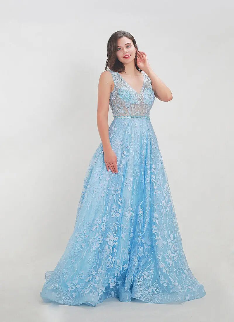 Nicole - Sky Blue Embroidered Maxi Dress - Mscooco.co.uk