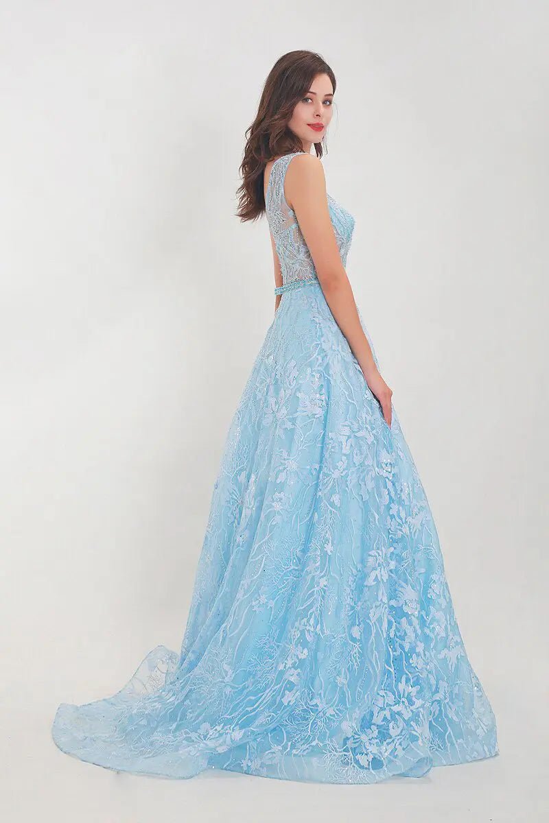 Nicole - Sky Blue Embroidered Maxi Dress - Mscooco.co.uk