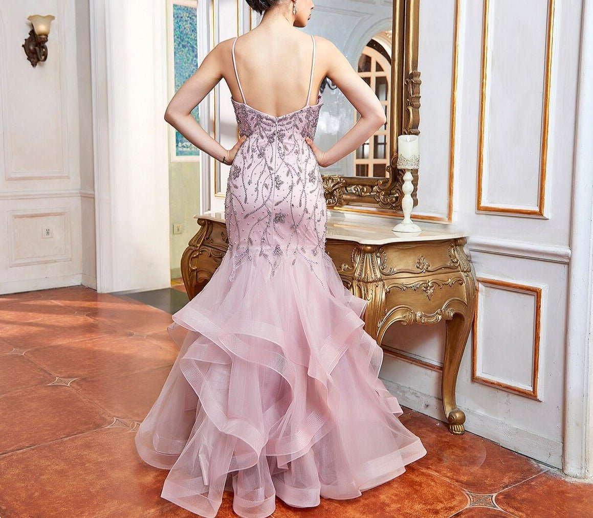 Noelle Spaghetti Strap V Neck Beading Mermaid Dress - Mscooco.co.uk