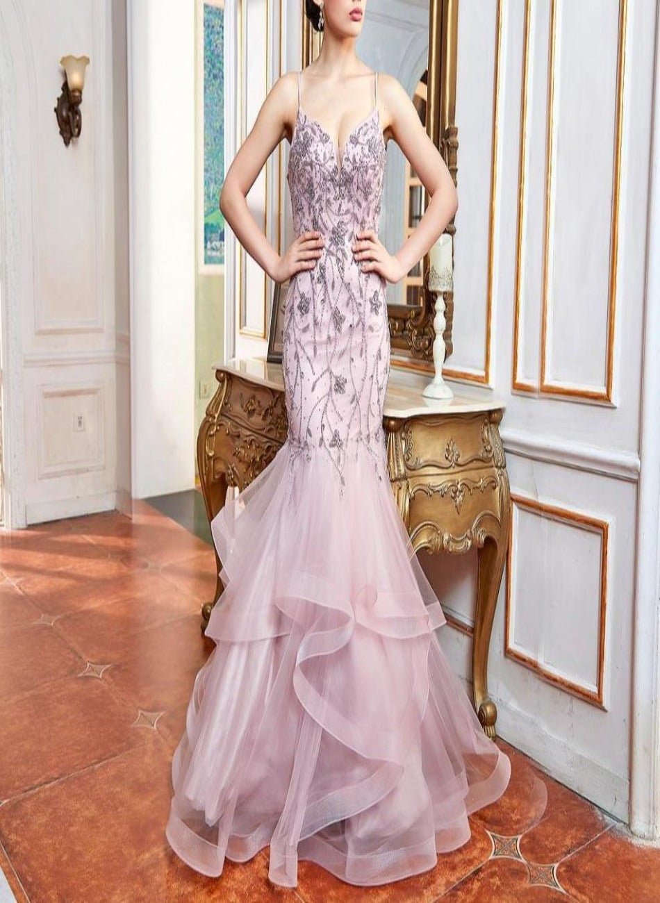 Noelle Spaghetti Strap V Neck Beading Mermaid Dress - Mscooco.co.uk