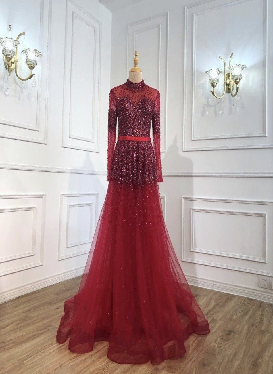 Novaah - High Collar Beaded Evening Dress Novaah - High Collar Beaded Evening Dress