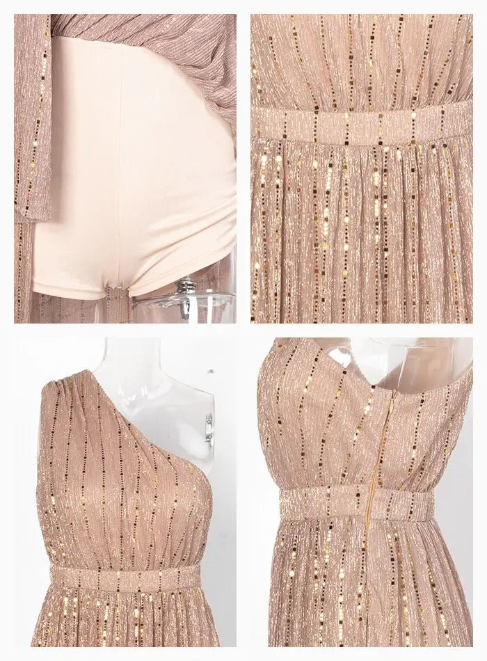 Nude One Shoulder Composite Sequin Material Split Party Dress - Mscooco.co.uk
